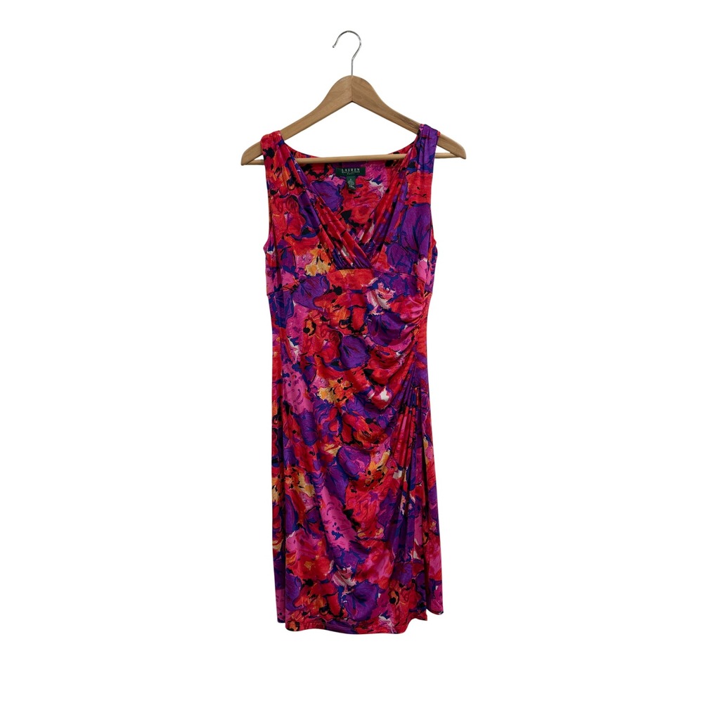 Lauren Ralph Lauren Pink Purple Floral Ruched V-Neck Sheath Dress Size 8